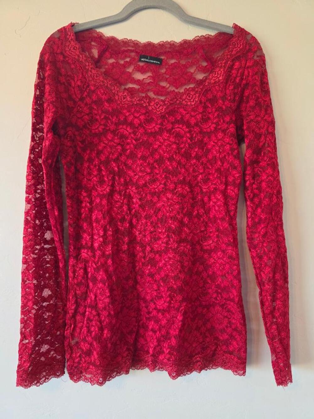 Moda International Red Lace Long Sleeve Top Y2K Sheer Floral